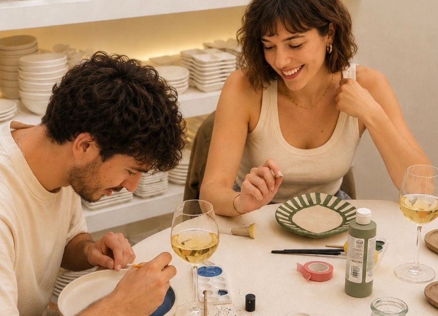 Parella pintant ceràmica junts al taller de Barcelona